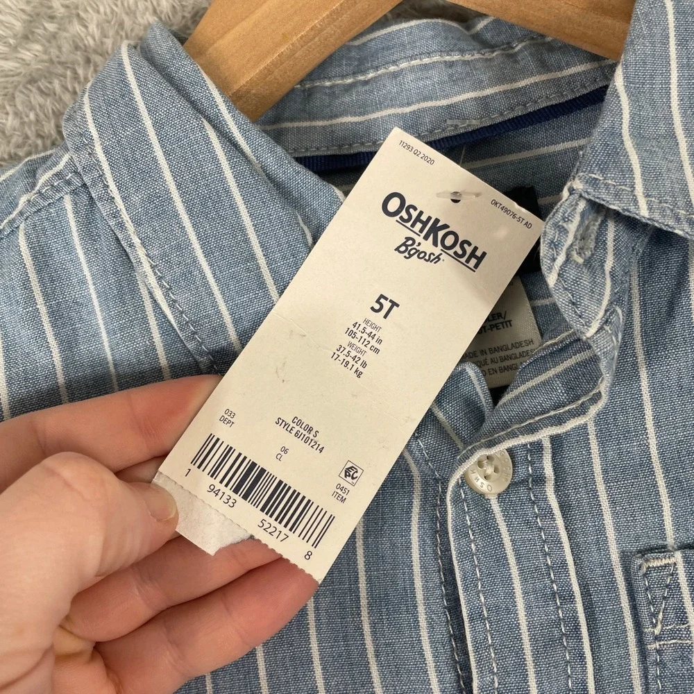 OshKosh‎ Button Down Shirt Toddler Boys Size 5T Blue Striped Long Sleeve Cotton